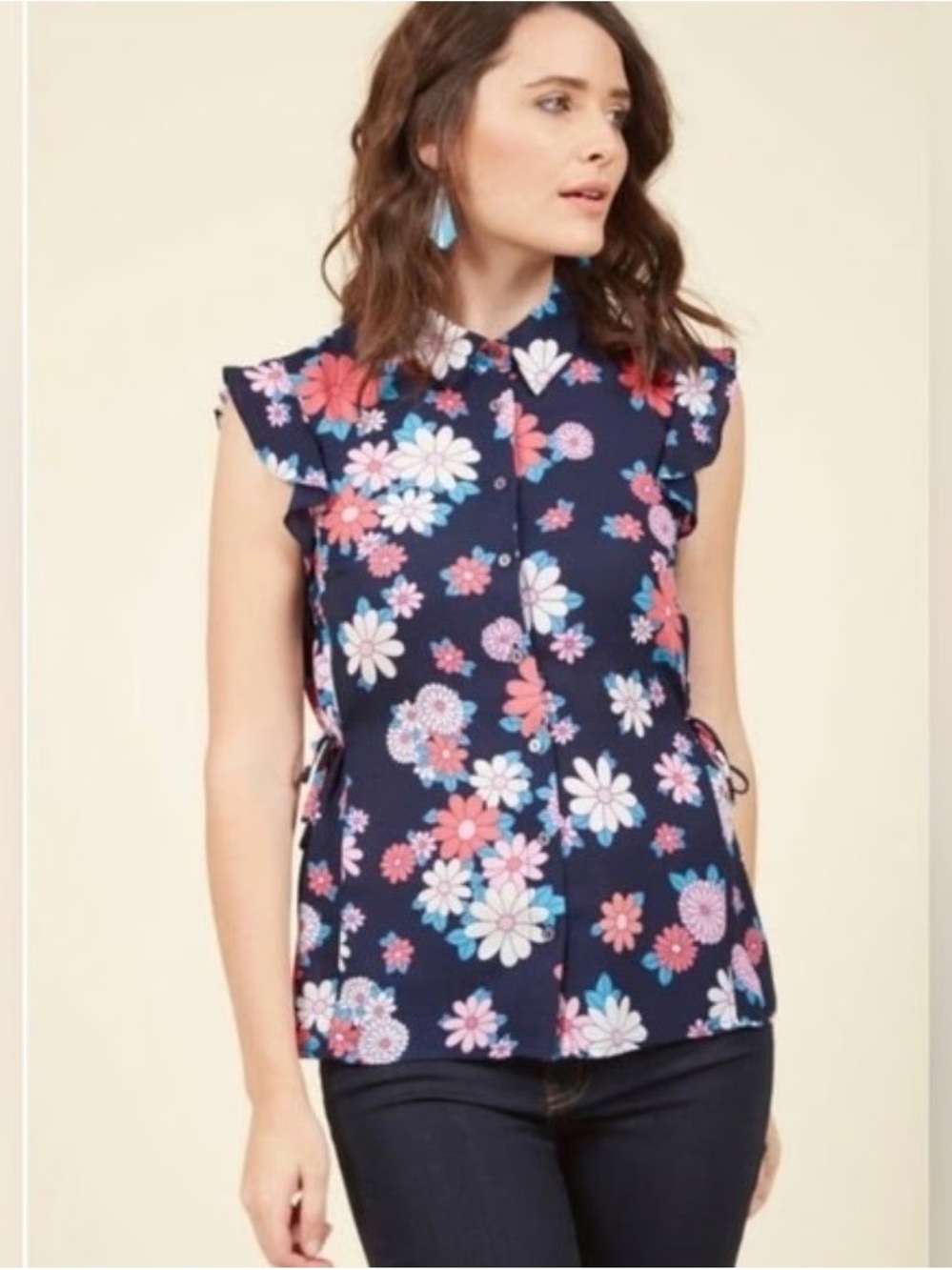 Modcloth Navy Floral Ruffle-Cap Button Blouse